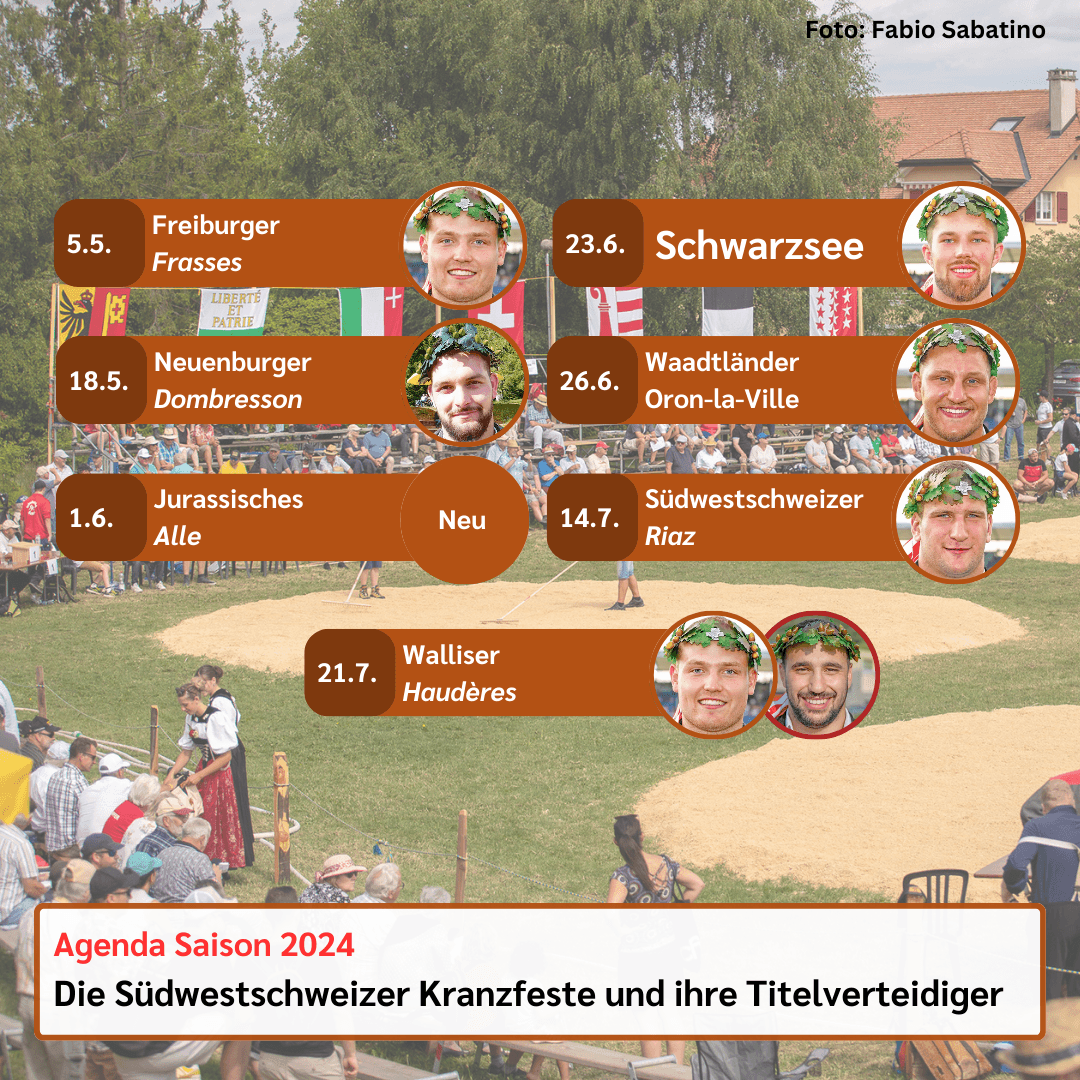 Auf einen Blick: Die Südwestschweizer Kranzfeste der Saison 2024 und ihre Titelverteidiger.